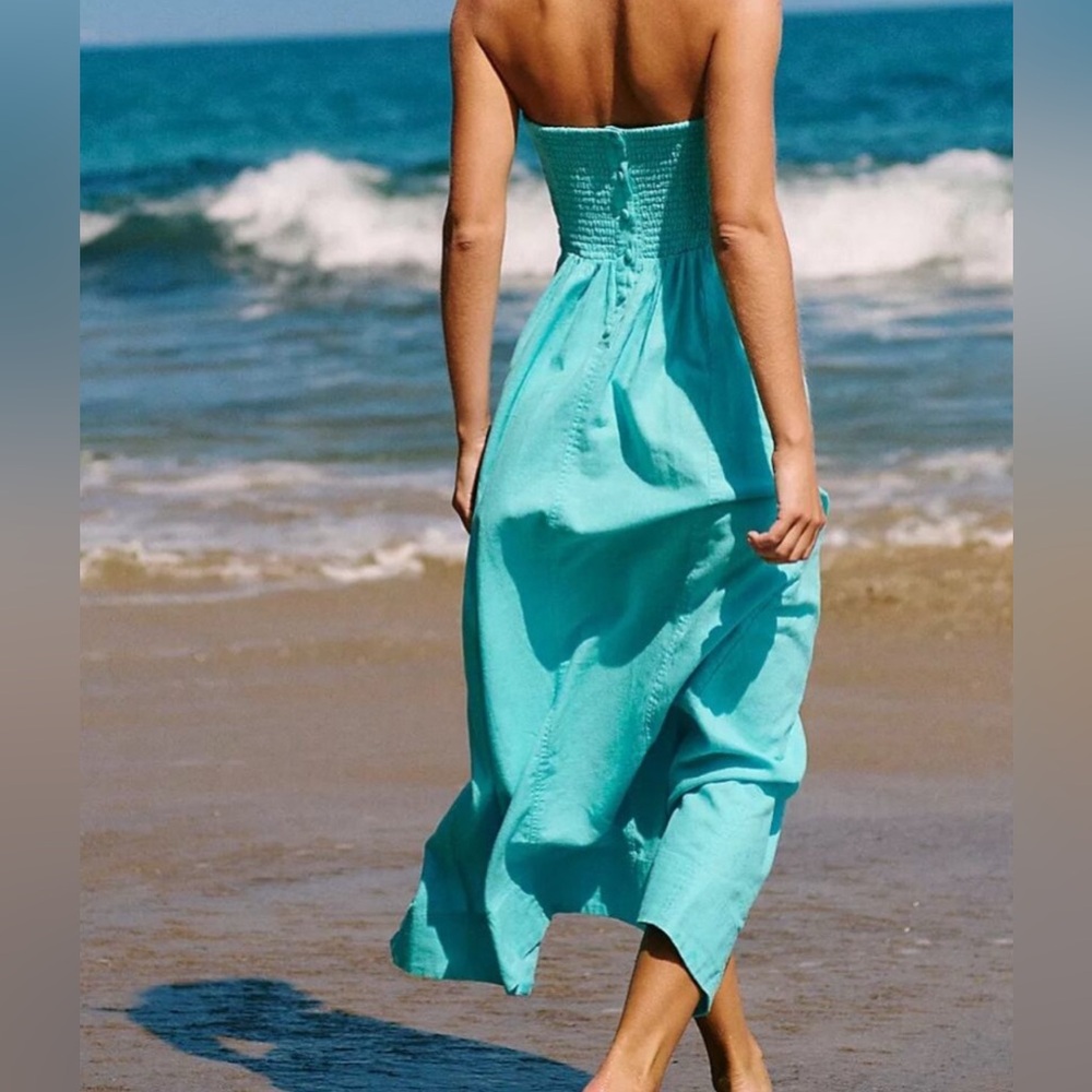 Free People Ciao Linen Blend Turquoise Strapless Midi Dress